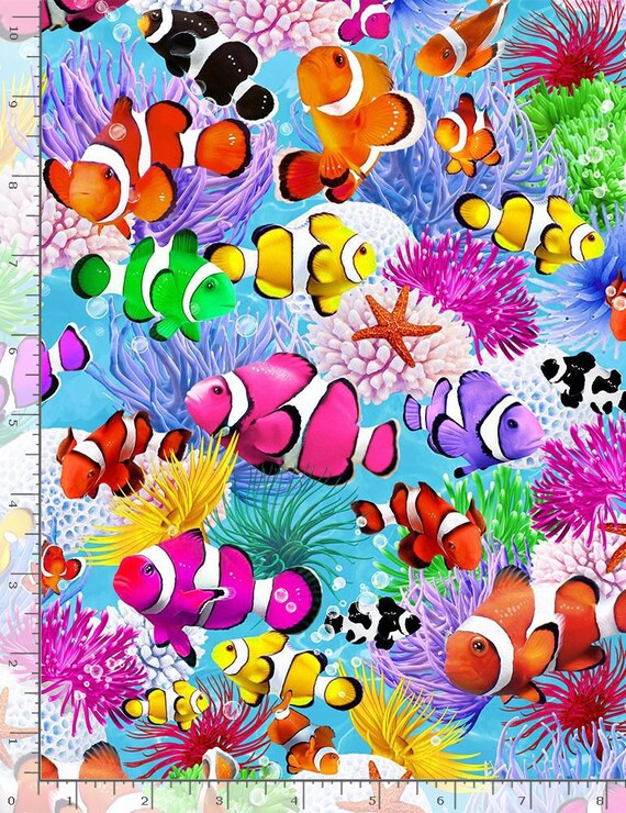 Tie dye fish fabric neon fish black tropical fish fabric out of print Texstyles