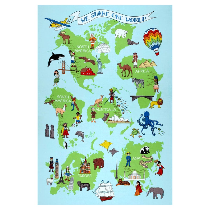 World fabric panel all continents fabric kids fabric map Etsy