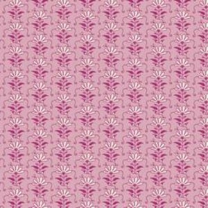 May include: A repeating pattern of stylized floral elements in shades of pink and white against a light pink background. The design features symmetrical vertical rows of flowers and leaves.