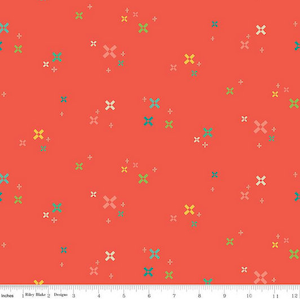 Red blender fabric, Green, yellow and blue crosses over Red fabric, Red multi color fabric 100% cotton for Quilting and sewing all projects.