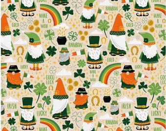 Saint Patrick's fabric, Irish Gnomes and Shamrocks fabric, Leprechaun's fabric, Kids Irish fabric 100% cotton for sewing