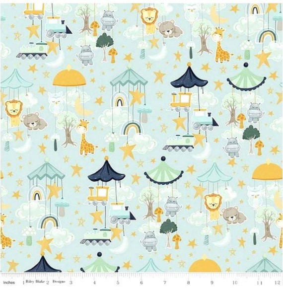It's a boy baby fabric, Baby animals, stars and clouds over mint fabric,  Baby boy nursery fabric 100% cotton for Quilting and sewing