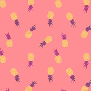 Ananas Sorbet Yellow pineapples with purple leaves over coral for the Sirena collection Art gallery oeko tex fabric 100% cotton