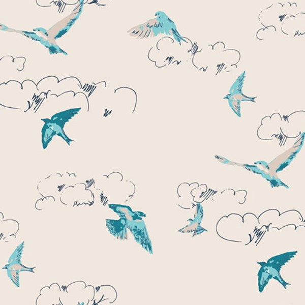 Birds fabric, Birds and clouds fabric, Blue birds flying in the sky fabric, Art gallery "feel the difference" oeko tex fabric 100% cotton