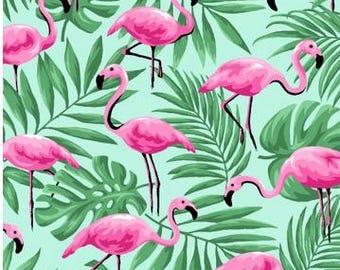 Flamingos fabric, Tropical plants and flamingos fabric, Vacation days fabric, Summer days fabric 100% cotton for sewing projects