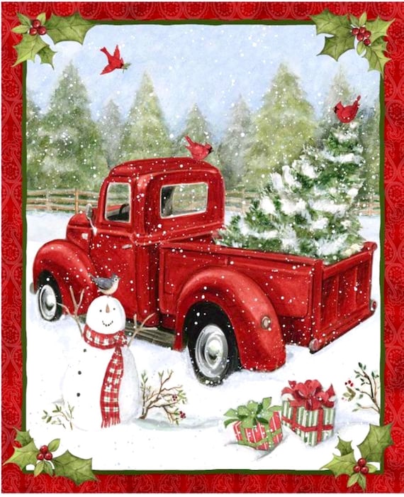 Christmas Red Truck fabric panel, Red truck and snowman home decoration, 100% cotton fabric for Quilting and general sewing projects.