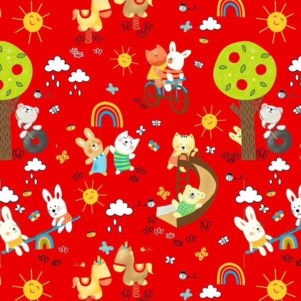Animals fabric, little kids fabric,  Animals having fun in the park fabric, Outdoor life fabric 100% cotton fabric for all sewing projects.