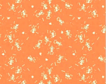 Skeletons fabric, Halloween Spooky dancing skeletons over orange fabric, Kids trick or treat  fabric 100% cotton