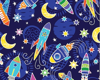 Spaceships fabric, In the universe fabric, Planets, moon, stars and spaceships out in the galaxy kids fabric 100% cotton for sewing projects