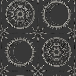 May include: A repeating pattern featuring celestial and astrological symbols in white on a dark gray background. The design includes zodiac wheels, crescent moons, eight-pointed stars, and dotted lines, creating a mystical and cosmic theme.