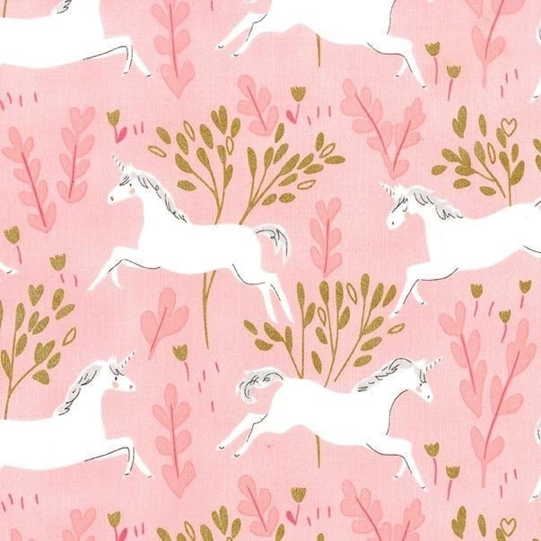 Unicorns fabric, White Unicorns over pink fabric and metallic gold br…
