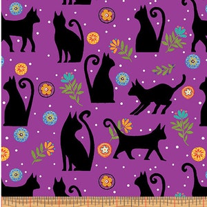 Cats fabric, Black cats and flowers over purple fabric, Cat lovers fabric, Kitties fabric 100% cotton for general sewing projects.