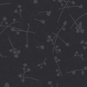 May include: Dark gray fabric with a subtle texture, featuring a repeating pattern of delicate, stylized floral sprigs in a lighter shade of gray. The design has a natural, organic feel, suitable for various textile applications.