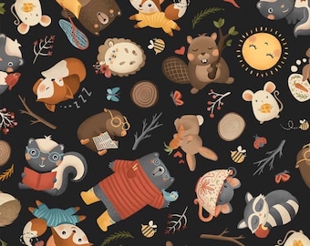 Forest friends fabric, Woodland baby animals in the forest over black background fabric from Michael Miller  100% cotton for sewing