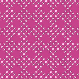 May include: A repeating pattern of white star-shaped designs within circles, set against a vibrant magenta background. The pattern creates a textured, geometric effect, suitable for fabric or wallpaper.
