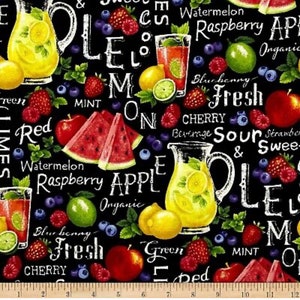 Lemonade fabric, Summer fabric, Food fabric, Fruit and chalk letters over black fabric, Kitchen fabric 100% cotton for sewing.