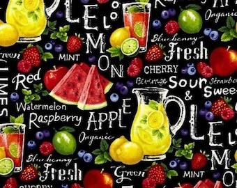 Lemonade fabric, Summer fabric, Food fabric, Fruit and chalk letters over black fabric, Kitchen fabric 100% cotton for sewing.