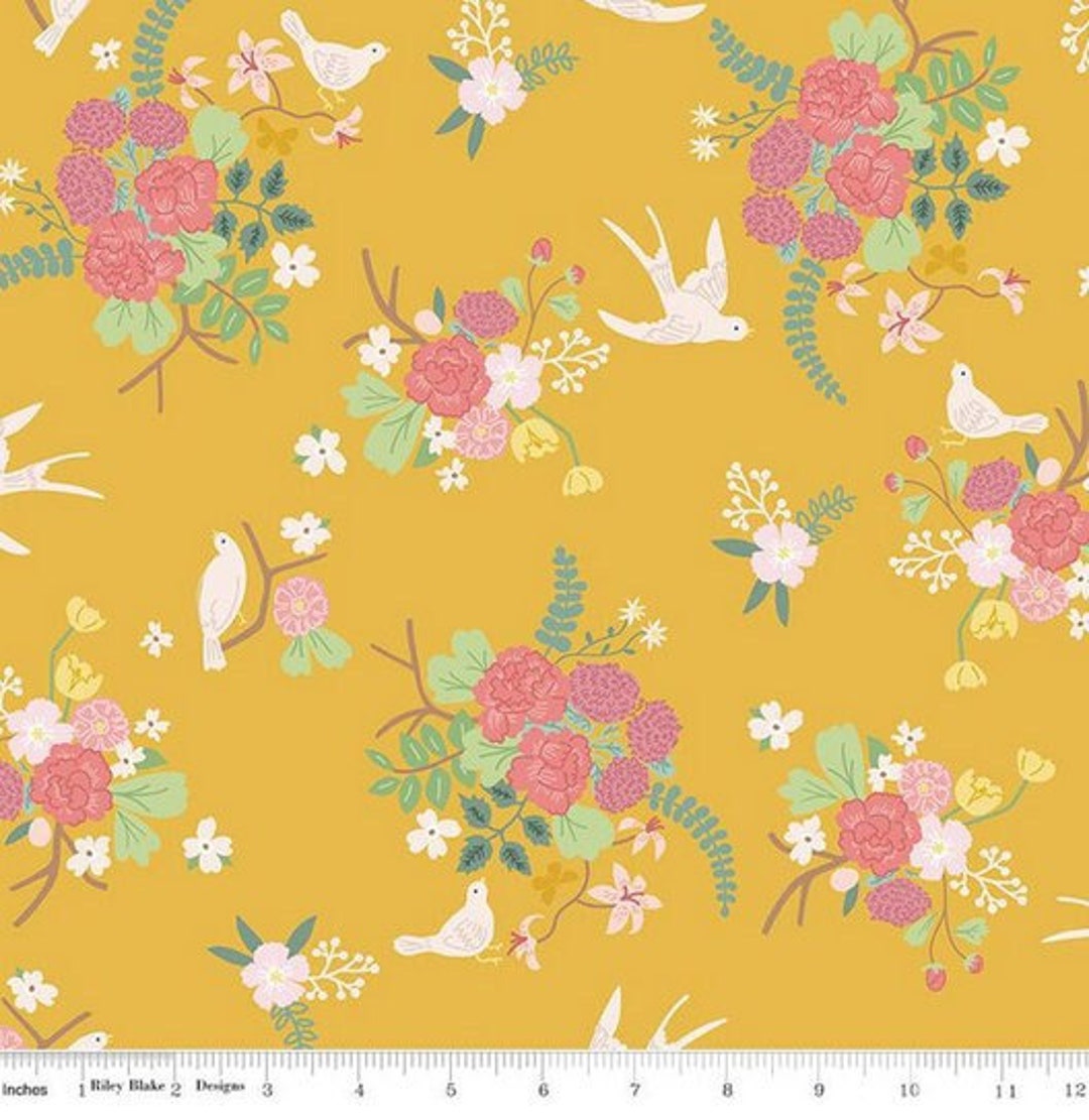 Birds, Flowers and Foliage Fabric, Yellow Floral Fabric, in the Garden
