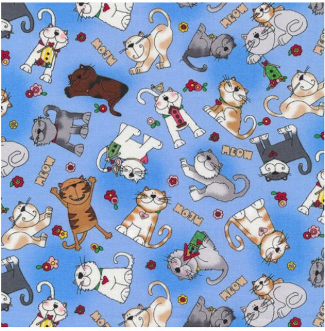 Cats Fabric, Colorful Cats and Meow Words on Blue Fabric, Kittys Fabric