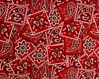 Red Bandana fabric, Classic paisley Bandanna fabric on red, Ranch fabric, Farmers fabric, Cowboys fabric 100% cotton for sewing