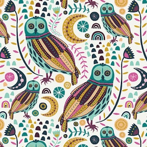 Owls fabric, Night in the forest Whimsical owls from Lugu collection Art gallery &quot;feel the difference&quot; oeko tex fabric 100% cotton