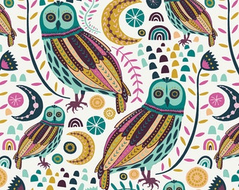 Owls fabric, Night in the forest Whimsical owls from Lugu collection Art gallery "feel the difference" oeko tex fabric 100% cotton
