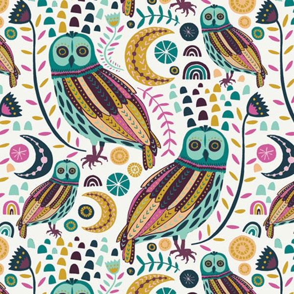 Owls fabric, Night in the forest Whimsical owls, moons and leaves fabric, Art gallery "feel the difference" oeko tex fabric 100% cotton