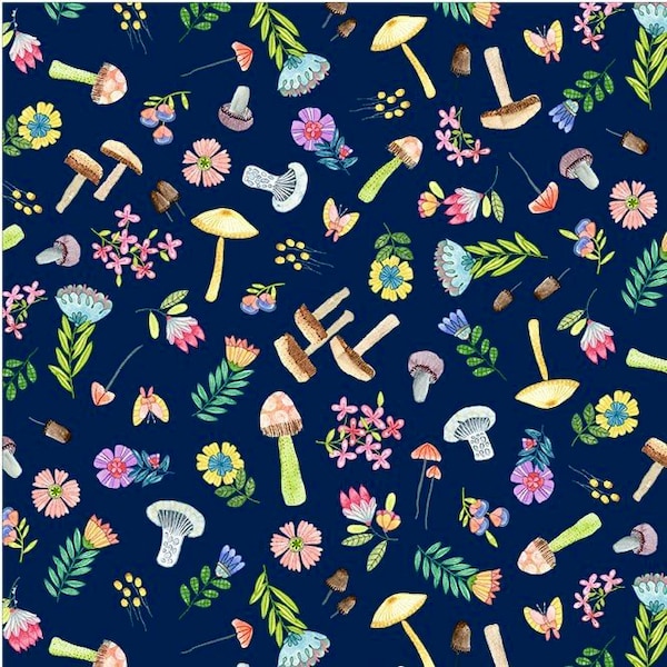 Mushrooms fabric, Flowers and mushrooms over navy fabric, Wild forest flora fabric 100% cotton for all sewing projects