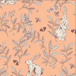 Bunnies fabric, Rabbits and branches over peach for Meriwether Collection Art gallery "feel the difference" oeko tex fabric 100% cotton image 1