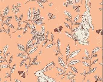 Bunnies fabric, Rabbits and branches over peach for Meriwether Collection  Art gallery "feel the difference" oeko tex fabric 100% cotton