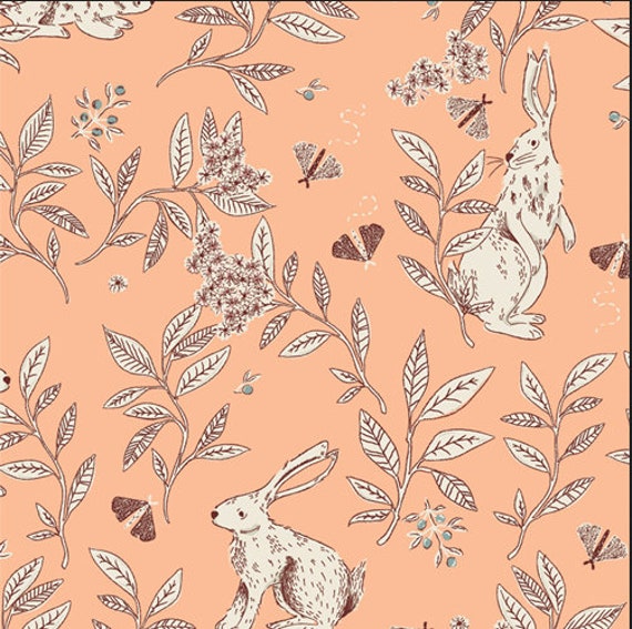 Bunnies fabric, Rabbits and branches over peach for Meriwether Collection  Art gallery "feel the difference" oeko tex fabric 100% cotton