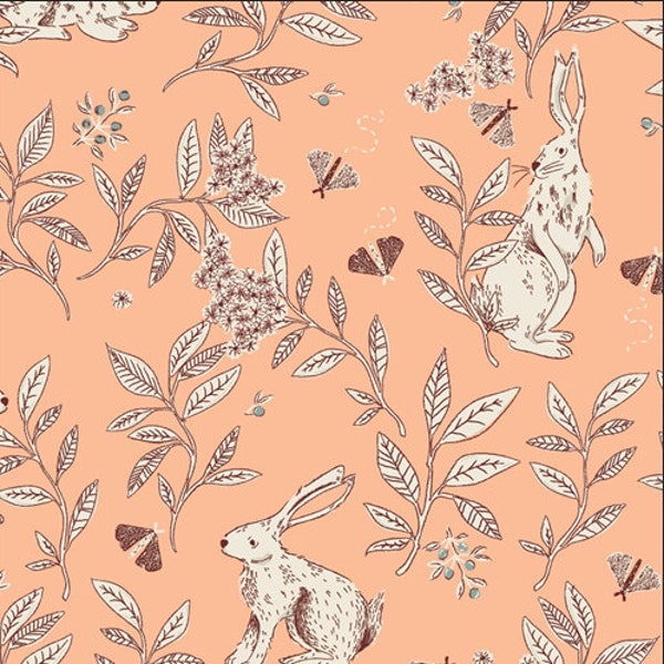 Bunnies fabric, Cute Rabbits and branches over peach fabric, Baby fabric, Art gallery "feel the difference" oeko tex fabric 100% cotton