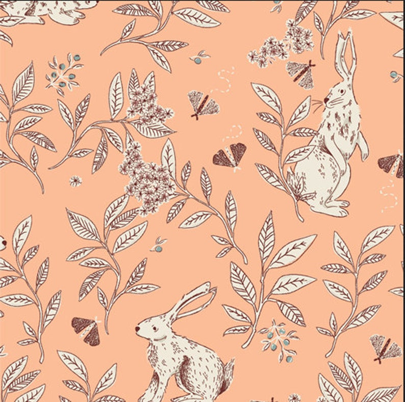Bunnies fabric, Rabbits and branches over peach for Meriwether Collection Art gallery "feel the difference" oeko tex fabric 100% cotton image 1