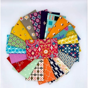 May include: A collection of 18 fabric squares featuring various colorful patterns, including geometric designs, floral motifs, and abstract shapes. The fabrics are arranged in a fan shape, showcasing a variety of colors and textures.