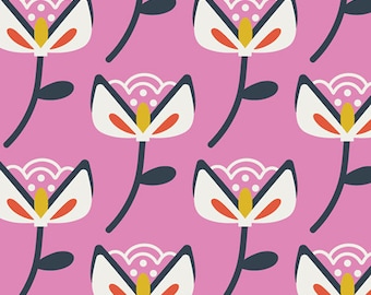Bungalow Bloom, Modern Flowers on pink fabric from the summer side collection Art gallery "feel the difference" oeko tex fabric 100% cotton