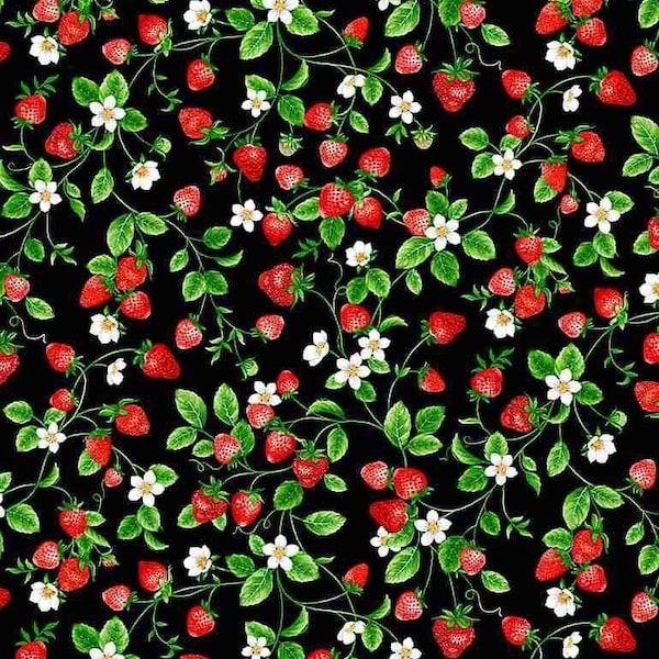 Strawberries fabric, Small strawberries with vines and flowers aver black fabric, Kitchen fabric, food fabric 100% cotton for all sewing