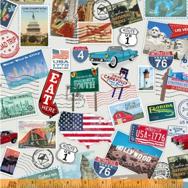 USA travel fabric, American icons fabric, US postcards fabric, Love America fabric, Road trip fabric 100% cotton for sewing