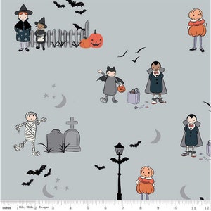 Halloween fabric, Soft grey Treaters kids fabric, Costumed kids having fun on Halloween night fabric, Children fabric 100% cotton