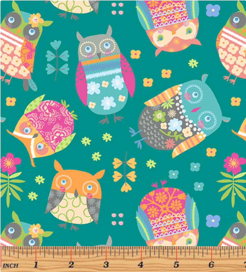 Owls fabric, Cute colorful owls and flowers over green teal fabric, G…