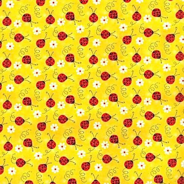 Ladybugs fabric, Ladybugs and white flowers over yellow fabric, Flora & fauna from the garden fabric 100% cotton for all sewing projects