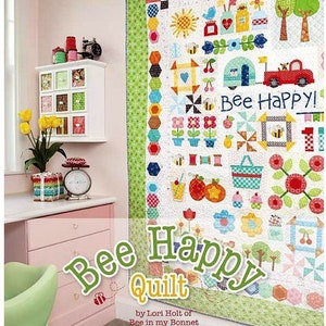 Bee Happy Quilt pattern by Lori Holt of Bee in my Bonnet-84 page Spiral bookl to make the Bee Happy quilt. Gift for Quilters, Ready to ship.