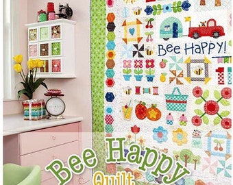 Bee Happy Quilt pattern by Lori Holt of Bee in my Bonnet-84 page Spiral bookl to make the Bee Happy quilt. Gift for Quilters, Ready to ship.