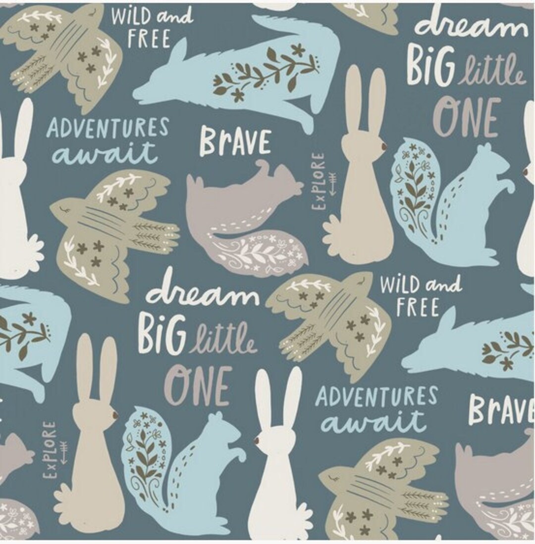 Baby Boy Fabric, Cute Animals and Phrases for Boy Nursery Over Teal