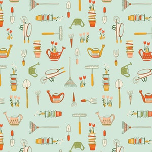 Farmer Life fabric, Gardening tools from the Grow and Harvest collection, Art gallery &quot;feel the difference&quot; oeko tex fabric 100% cotton