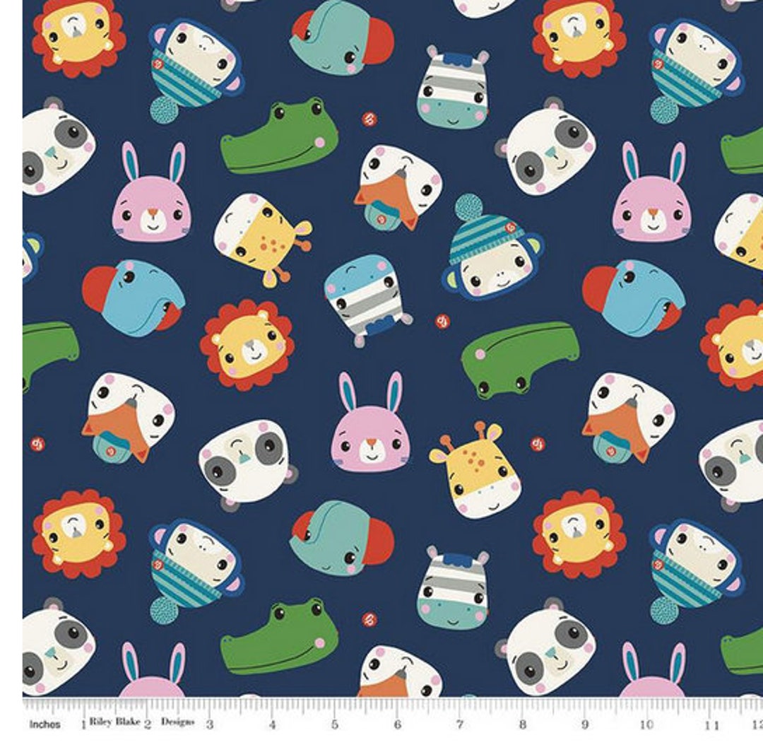 Animals Baby Fabric, Cute Animal Heads on Navy Fabric, Little Kids