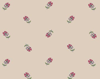 May include: A repeating pattern of small, stylized flowers. Each flower has a cluster of red heart-shaped petals, green leaves, and a green stem. The background is a solid, light tan color, creating a simple and elegant design.