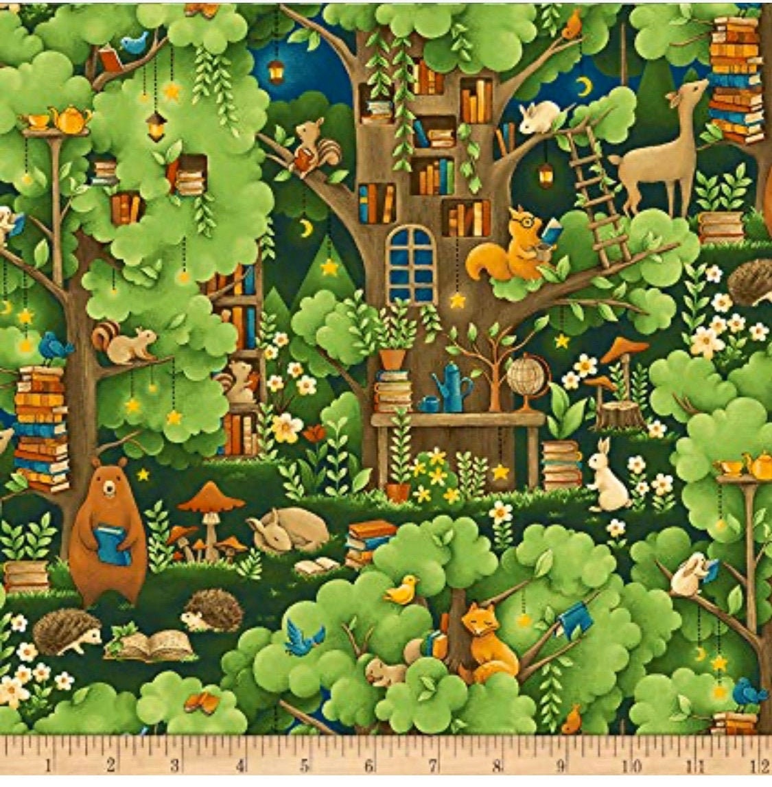 Woodland animals fabric, Forest animals having fun reading books in t…