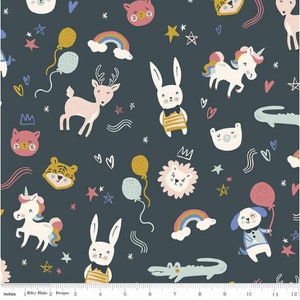 Kids FLANNEL fabric, Animals, hearts and stars over dark teal fabric, Soft nursery flannel fabric, kids flannel  100% cotton .