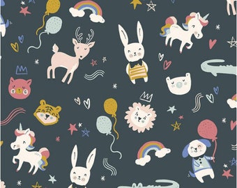 Kids FLANNEL fabric, Animals, hearts and stars over dark teal fabric, Soft nursery flannel fabric, kids flannel  100% cotton .