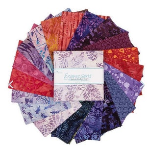 May include: A pack of 20 fabric squares in various shades of purple, red, and orange. The fabric squares are arranged in a circle with the label "Expressions" in the center. The label is white with blue text and features a floral design.